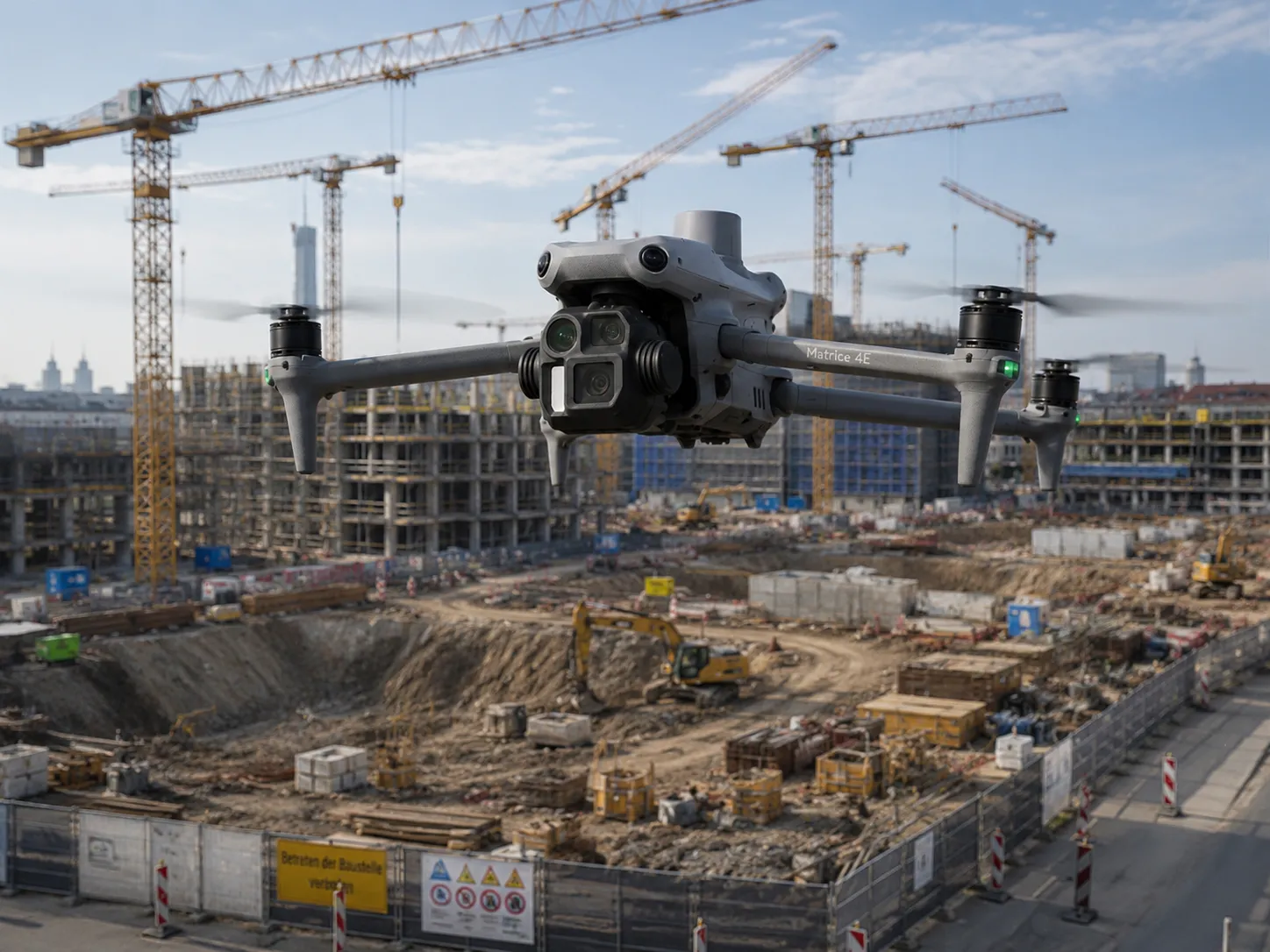 DJI Matrice 4E Drohne im Flug über einer Großbaustelle bei der Baustellendokumentation